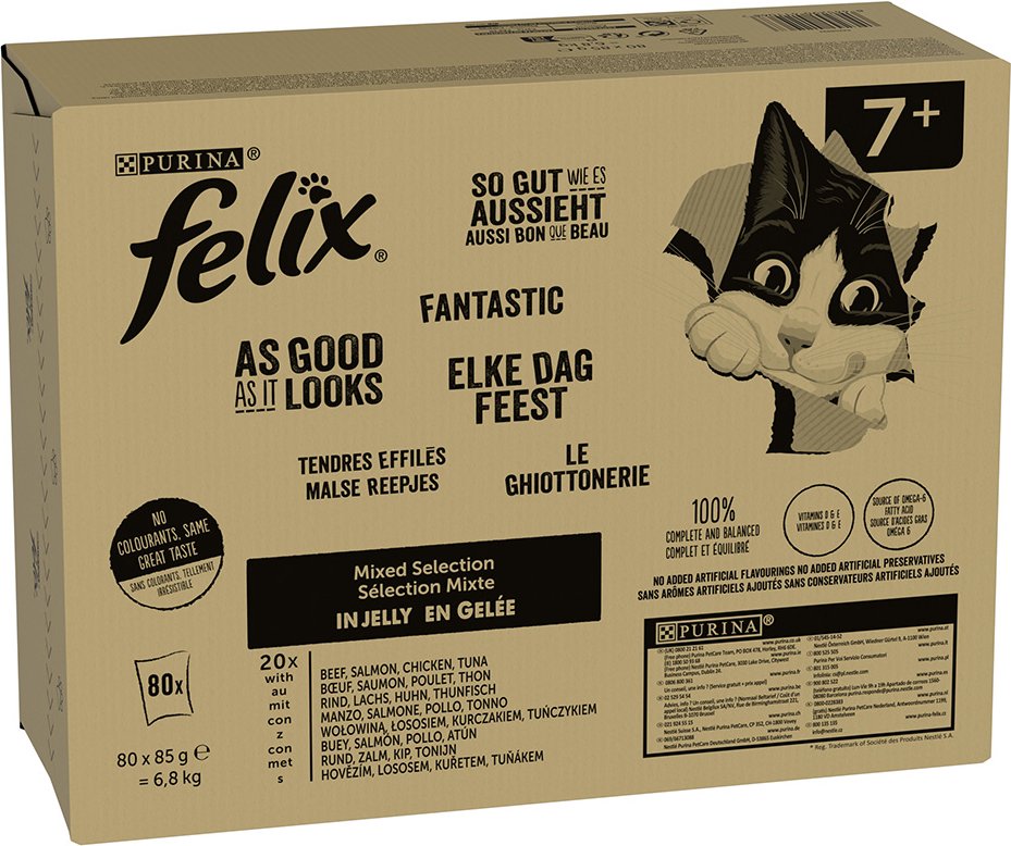 Megapack Felix "So gut wie es aussieht" Pouches 80 x 85 g - Senior Fleisch Mixpaket (Rind, Lachs, Huhn, Thunfisch)