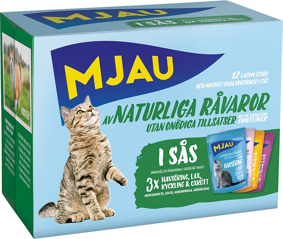 Mjau Cat Pouch 12 x 85 g - Mixpaket Fleisch & Fisch Menü in Soße (4 Sorten)
