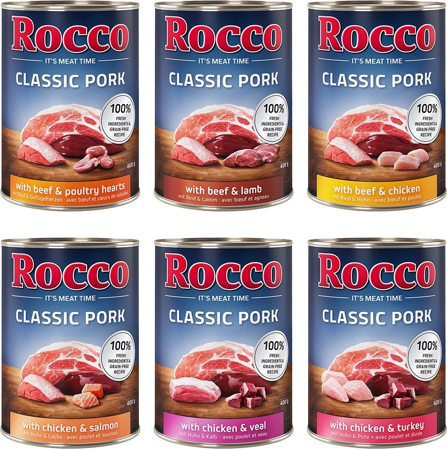 Rocco Classic Probiermix 6 x 400 g - Schwein-Mix: Rind/Lamm, Huhn/Pute, Huhn/Kalb, Rind/Geflügelherzen, Huhn/Lachs, Rind...
