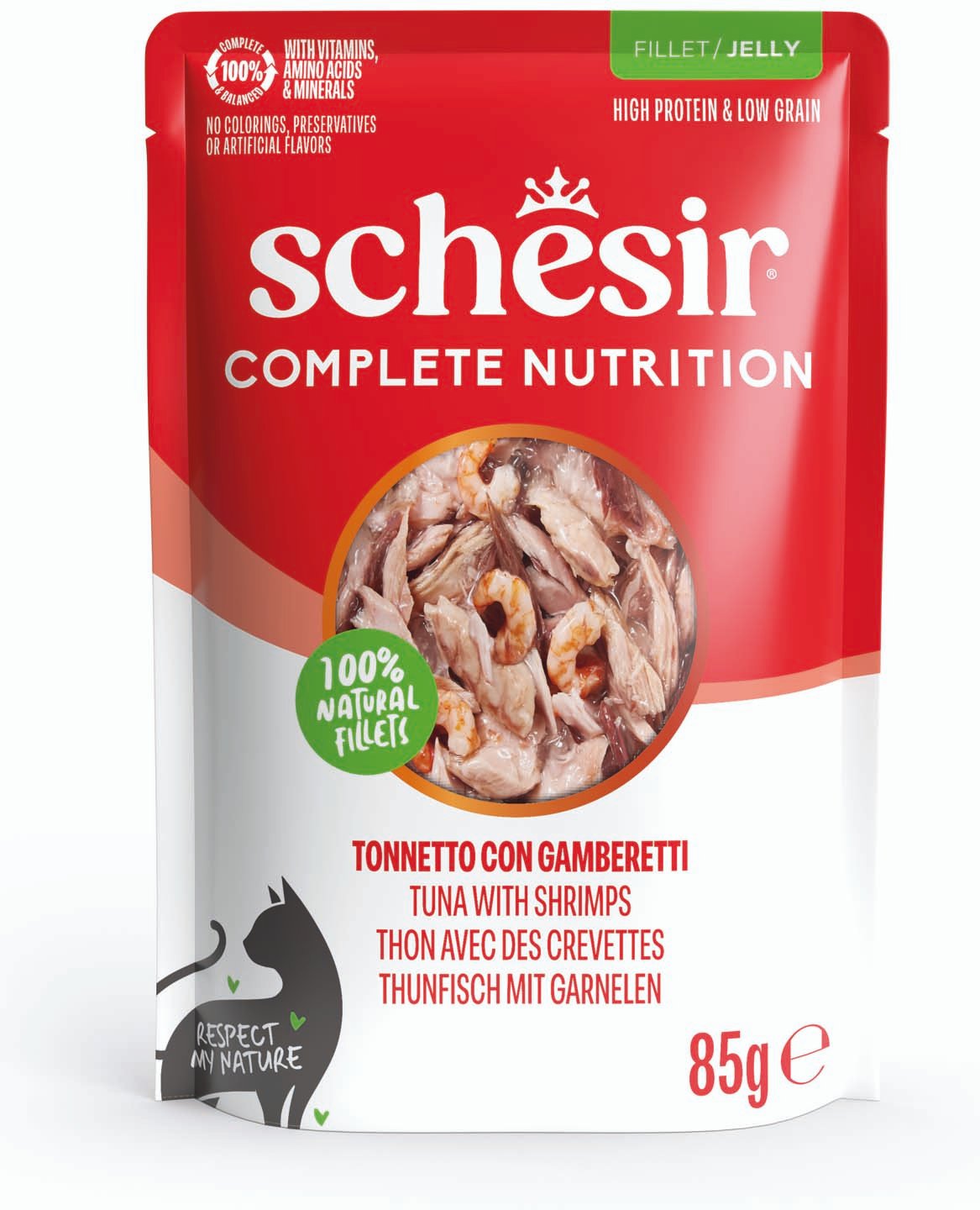 Schesir Complete Nutrition Filet in Gelee 6 x 85 g in Beuteln - Thunfisch mit Garnelen