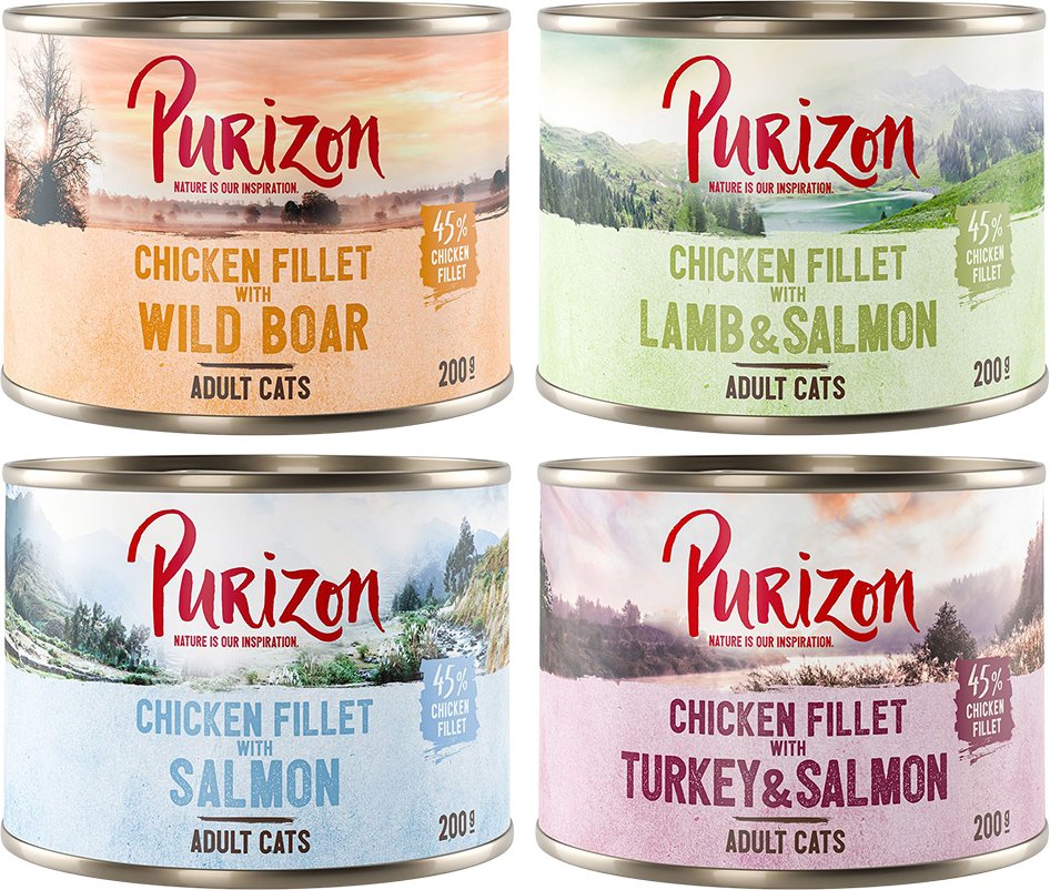 Thumbnail - Purizon Original 24 x 200 g - getreidefrei - Mixpaket (6 x Lachs, 6 x Wildschwein, 6 x Lachs & Lamm, 6 x Pute)