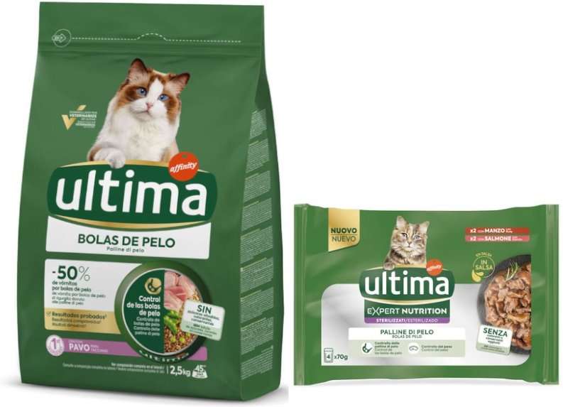 2,5 kg Ultima Trockenfutter + passendes Nassfutter gratis! - Hairball Truthahn + 4 x 70 g Expert Nutrition Hairball Rin...
