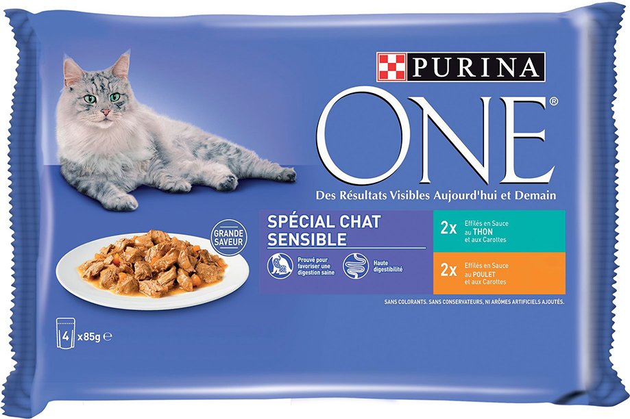 Sparpaket PURINA ONE 24 x 85 g - Sensitive Huhn und Thunfisch