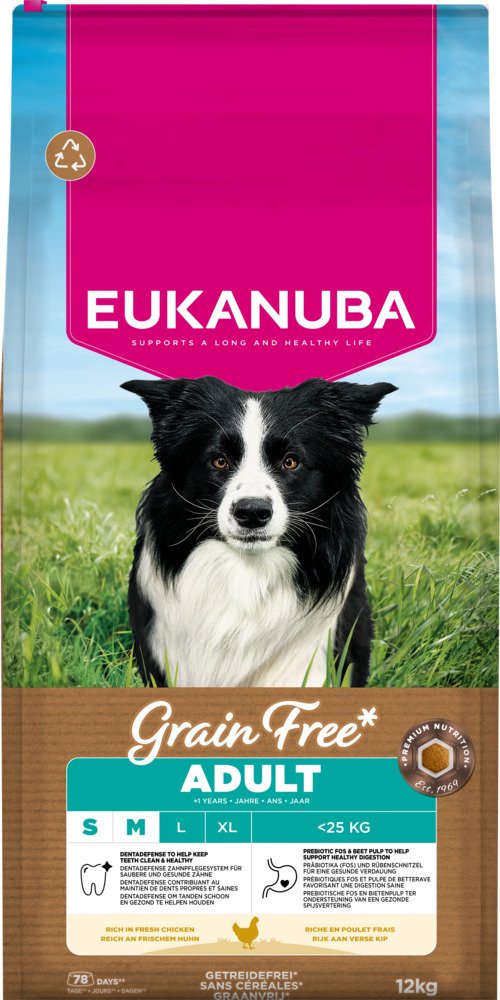 Eukanuba Grain Free Adult Small & Medium mit Huhn - Sparpaket: 2 x 12 kg