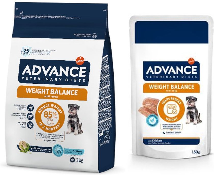 Advance Veterinary Diets Mini + 8 x 150 g passendes Nassfutter zum Sonderpreis! - 3 kg Weight Balance