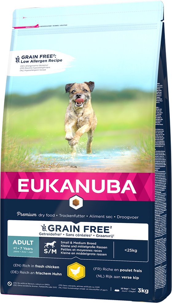 Eukanuba Grain Free Adult Small / Medium Breed Huhn - Sparpaket: 2 x 3 kg