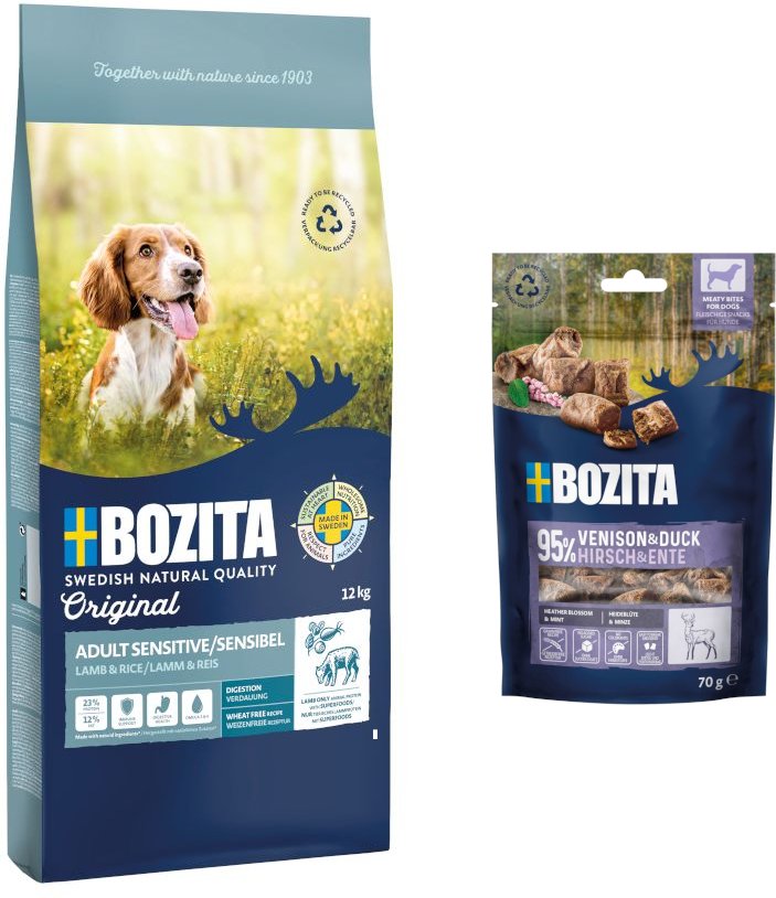 12 kg Bozita Original + 2 x 70 g Meaty Bites mit Hirsch & Ente gratis! - Sensitive Digestion Lamm & Reis - Weizenfrei