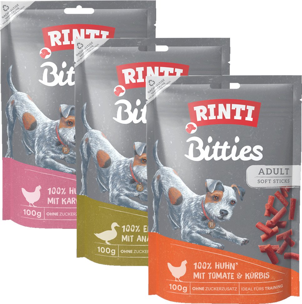 3 Sorten RINTI Bitties Adult Soft Sticks im 12 x 100 g Sparpaket! - Huhn mit Karotte, Huhn mit Tomate, Ente mit Ananas