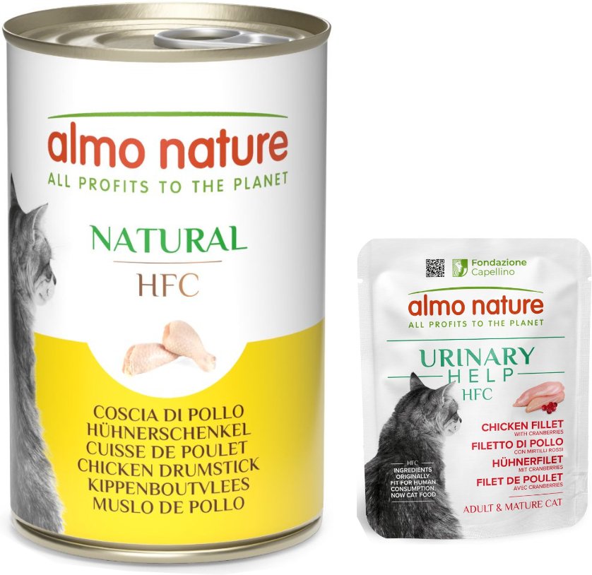 Thumbnail - 6 x 140 g Almo Nature HFC Natural + 6 x 50 g Urinary Help zum Sonderpreis! - Hühnerschenkel + Hühnerfilet mit Cranberry...