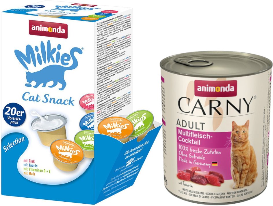 animonda Kombi-Paket: 12 x 800 g Carny Adult + 20 x 15 g Milkies Selection - Multi-Fleischcocktail + Milkies Snack (4 So...