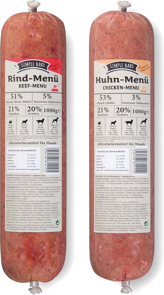 SIMPLE BARF Menüs Rind & Huhn-Paket - 26 x 1000 g