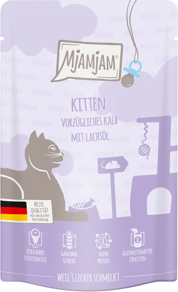 Sparpaket MjAMjAM Quetschie Kitten 24 x 125 g - vorzügliches Kalb mit Lachsöl
