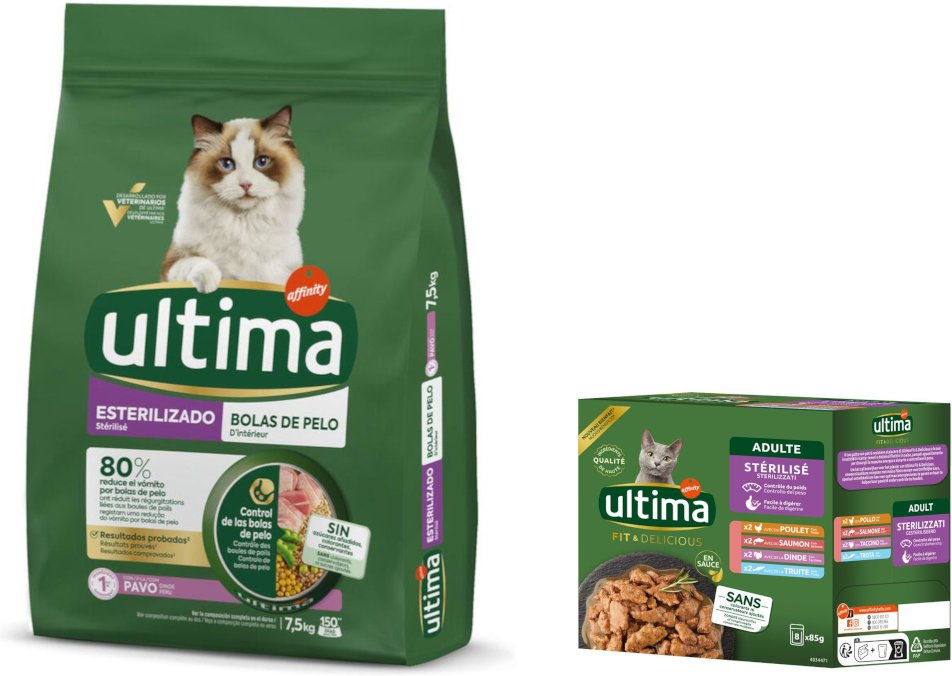 7,5 kg Ultima Trockenfutter + 8 x 85 g Sterilized Nassfutter-Mix gratis! - Sterilized Hairball Truthahn