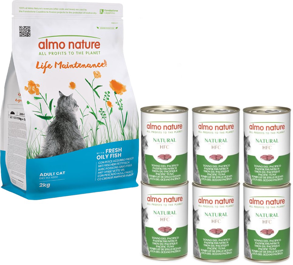 Gemischtes Probierpaket Almo Nature - 2 kg Functional Fettfisch & Reis + 6 x 140 g Classic Pazifikthunfisch