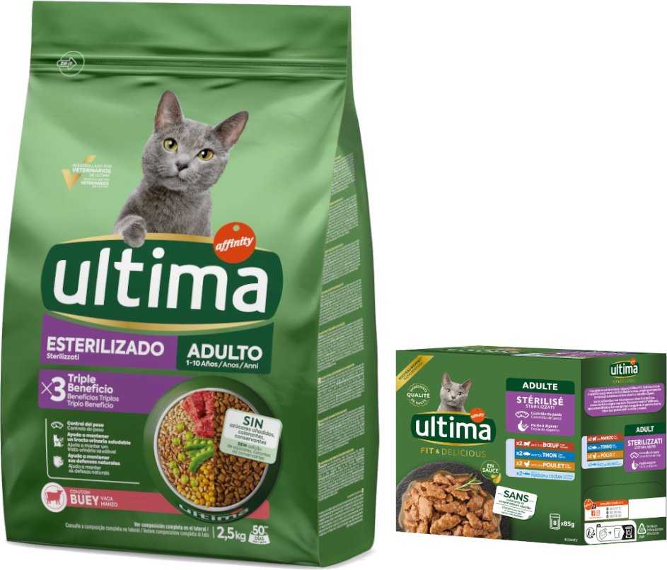 2,5 kg Ultima Trockenfutter + passendes Nassfutter gratis! - Sterilized Adult Rind + 8 x 85 g Sterilized Mix II