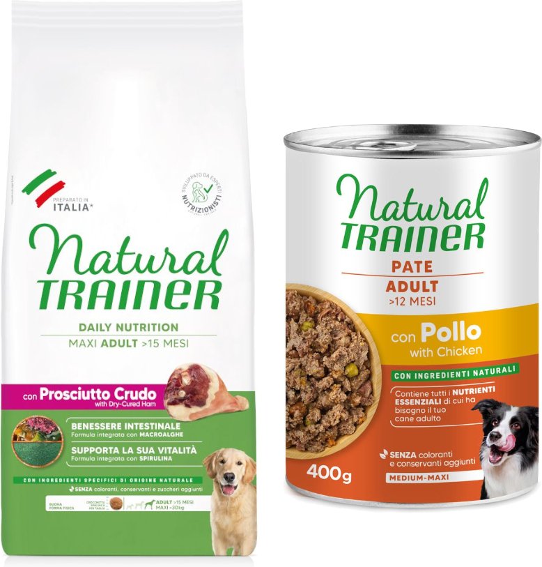 12 kg Natural Trainer + 2 x 400 g passendes Nassfutter gratis! - Adult Maxi Prosciutto + Pate Medium & Maxi Adult mit H...