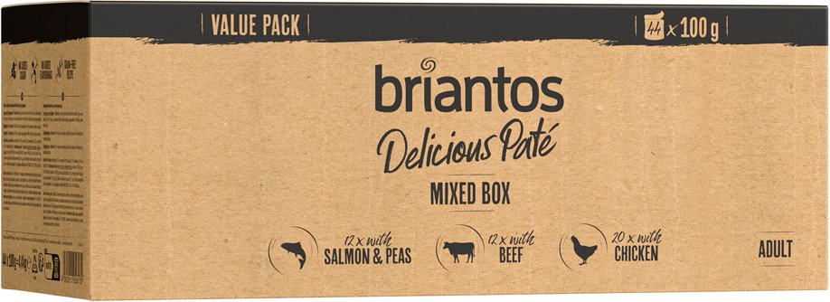 Thumbnail - Briantos Delicious Paté Sparpaket 44 x 100 g - Mixpaket (Huhn, Rind & Lachs) Delicious Paté