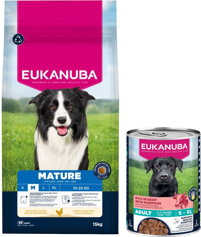 15 kg Eukanuba Premium Nutrition + 3 x 400 g passendes Nassfutter gratis! - Mature Medium Breed Huhn + Senior Reich an R...