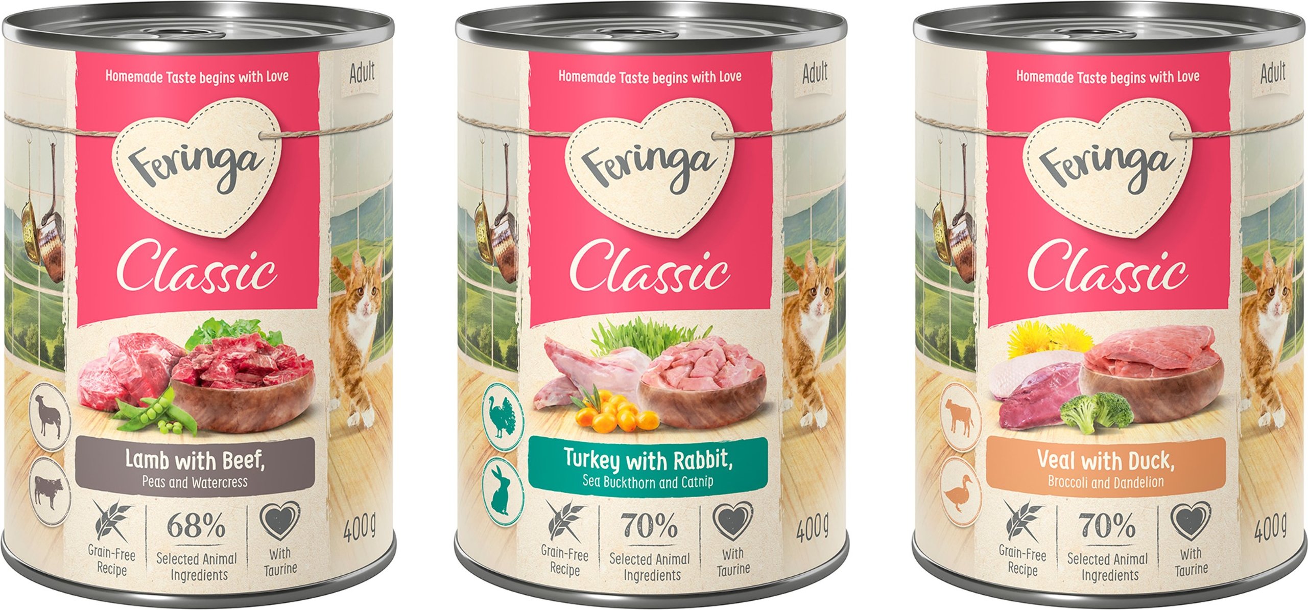 Sparpaket Feringa Classic Meat Menü 24 x 400 g Mixpaket 2 (Kaninchen & Truthahn, Ente & Kalb, Lamm & Rind)