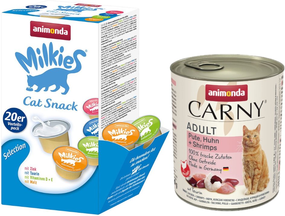 animonda Kombi-Paket: 12 x 800 g Carny Adult + 20 x 15 g Milkies Selection - Pute, Huhn & Shrimps + Milkies Snack (4 Sor...