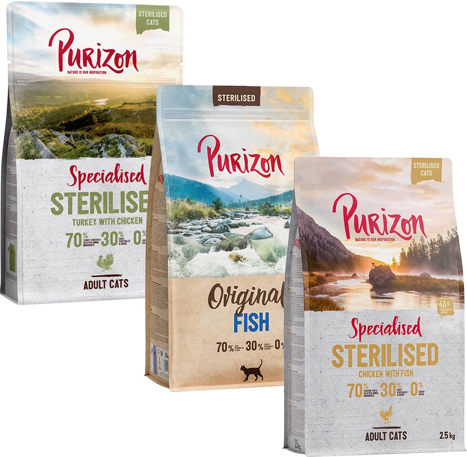 Thumbnail - Gemischtes Sparpaket Purizon 3 x 2,5 kg - Sterilised Mix: Huhn & Fisch, Truthahn & Huhn, Fisch
