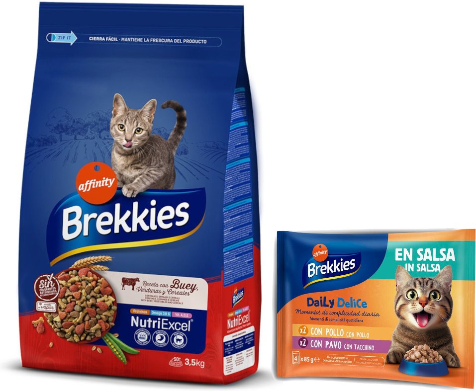 3 kg / 3,5 kg Brekkies Trockenfutter + 4 x 85 g Daily Delice Nassfutter gratis! - 3,5 kg Rind + 4 x 85 g Huhn & Truthahn