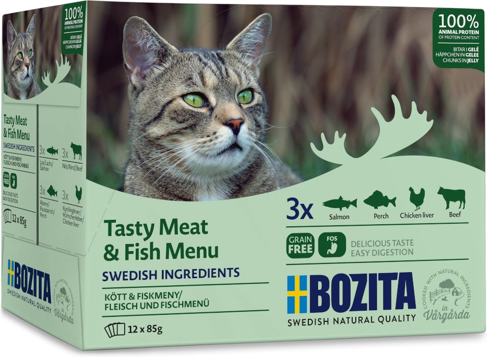 Bozita Häppchen in Gelee im Mixpaket 12 x 85 g - Mixpaket Fisch & Fleisch Menü (4 Sorten)