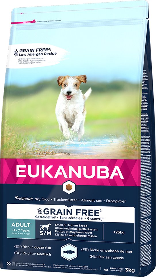Eukanuba Grain Free Adult Small & Medium Breed Seefisch - Sparpaket: 2 x 3 kg