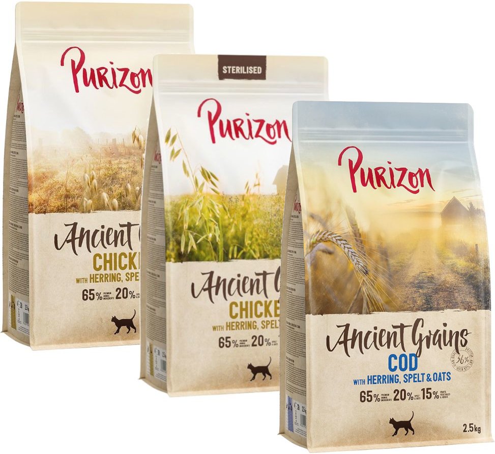Gemischtes Sparpaket Purizon 3 x 2,5 kg - Urgetreide Mix: Huhn mit Fisch / Sterilised Huhn mit Fisch / Kabeljau