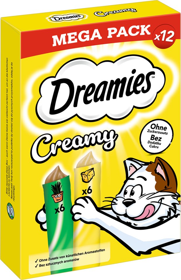 Dreamies Creamy Snacks - Sparpaket Katzenminze & Käse (84 x 10 g)