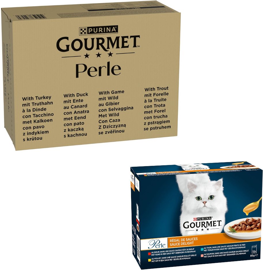 96 x 85 g Jumbopack Gourmet + 24 x 85 g passendes Nassfutter gratis! - 96 x 85 g Perle: Forelle, Truthahn, Ente, Wild in...