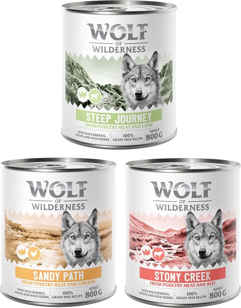 Thumbnail - Wolf of Wilderness Adult - Mixpaket - 6 x 800 g: 2x Geflügel mit Huhn, 2x Geflügel mit Lamm, 2x Geflügel mit Rind