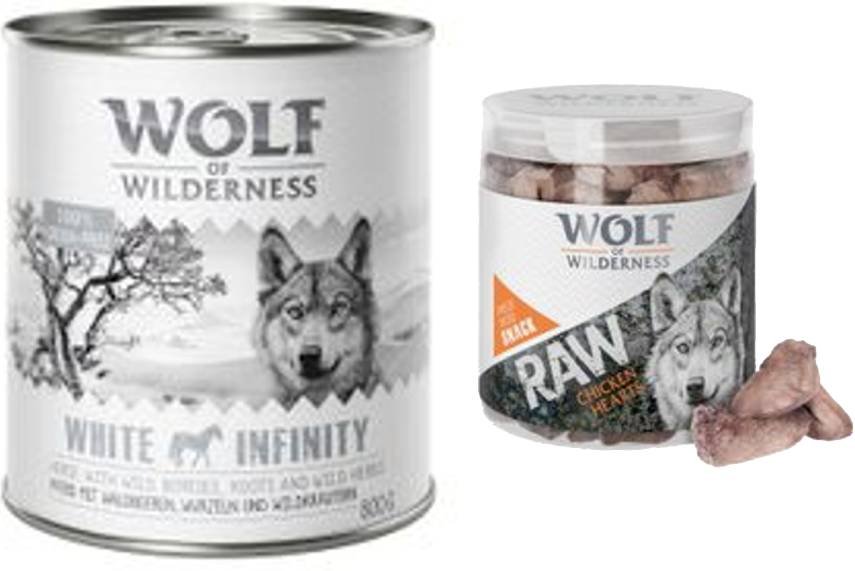 Wolf of Wilderness Kombi-Paket: 24 x 800 g Nassfutter + 4 x 70 g RAW Snacks - Wild Hills - Ente + Hühnerherzen
