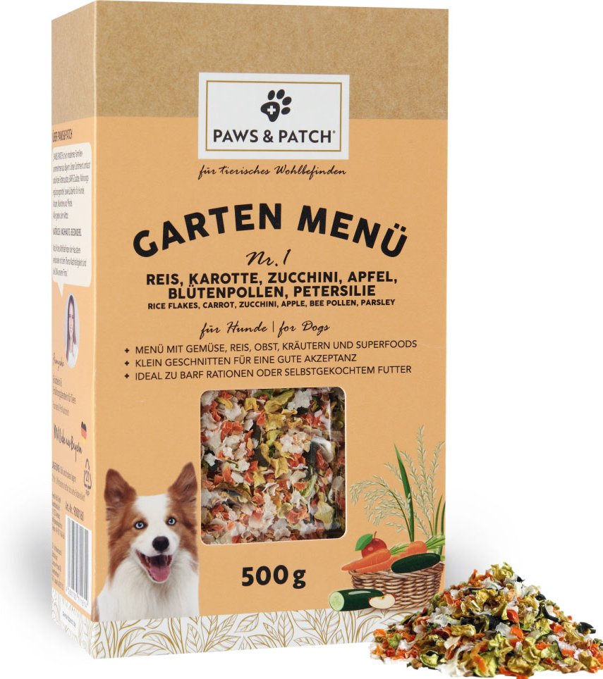PAWS & PATCH Garten Menü für Hunde - Nr. 1: Reis, Karotten, Zucchini, Apfel, Blütenpollen, Petersilie (500 g)