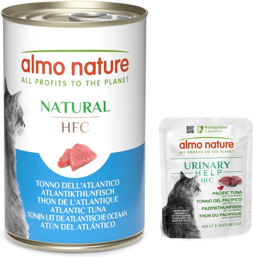 Thumbnail - 6 x 140 g Almo Nature HFC Natural + 6 x 50 g Nassfutter zum Sonderpreis! - Atlantikthunfisch + Urinary Help Pazifikthunf...