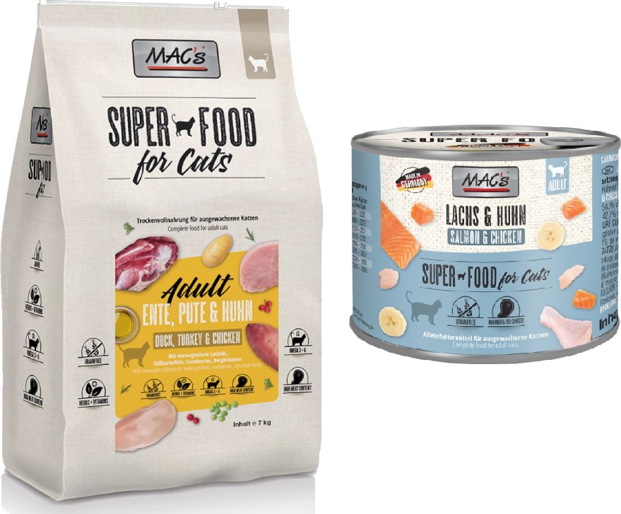 MAC´s Kombi-Paket: 12 x 200g Nassfutter + 2 x 1,5 kg Superfood Trockenfutter - 12 x 200 g Lachs & Hühnchen + 2 x 1,5 kg...