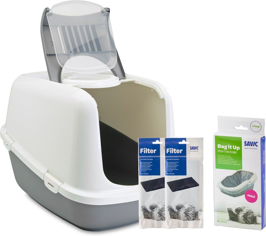 Thumbnail - Savic Katzentoilette Nestor Jumbo - Toilette hellgrau/weiß + 2 extra Filter + 6 Bag it up