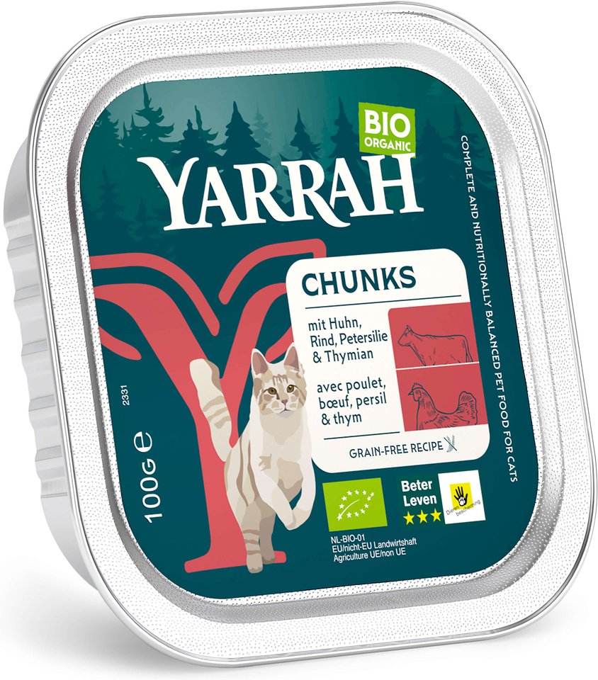 Yarrah Bio Chunks 16 x 100 g - Bio-Huhn & Bio-Rind mit Bio-Petersilie & Bio-Thymian