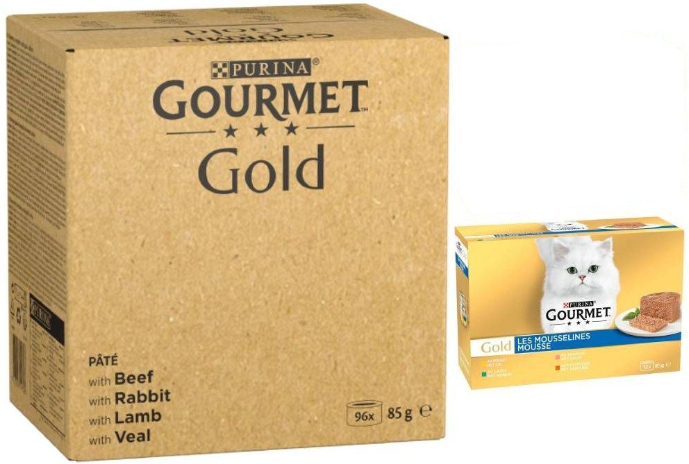 96 x 85 g Jumbopack Gourmet + 24 x 85 g passendes Nassfutter gratis! - 96 x 85 g Gold Feine Pastete: Rind, Kaninchen, La...