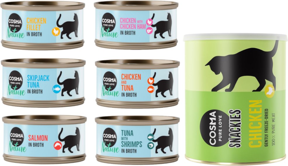 Kombi-Paket: Cosma Nature 24 x 70 g + 2 x Snackies Maxi Tube - 24 x Mix 1 (6 Sorten) + 2 x 160 g Snackies Hühnchen