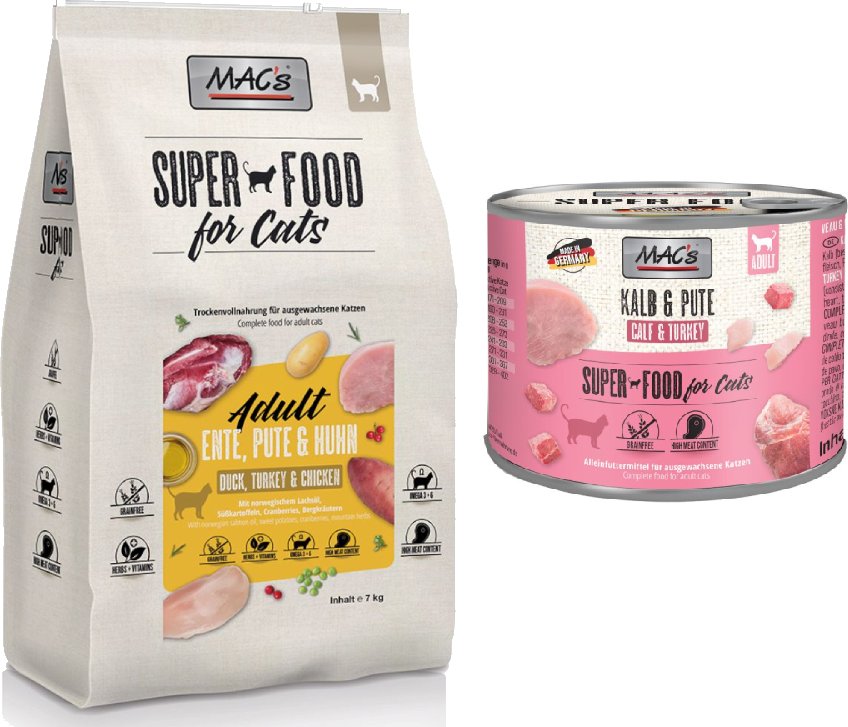 MAC´s Kombi-Paket: 12 x 200g Nassfutter + 2 x 1,5 kg Superfood Trockenfutter - 12 x 200 g Kalb & Pute + 2 x 1,5 kg Adult...