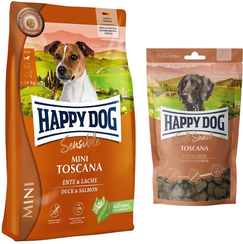 Happy Dog Kombi-Paket: 2 x 4 kg Sensible mini Trockenfutter + 4 x 100 g Soft Snack - 2 x 4 kg Toscana + 4 x 100 g Tosca...