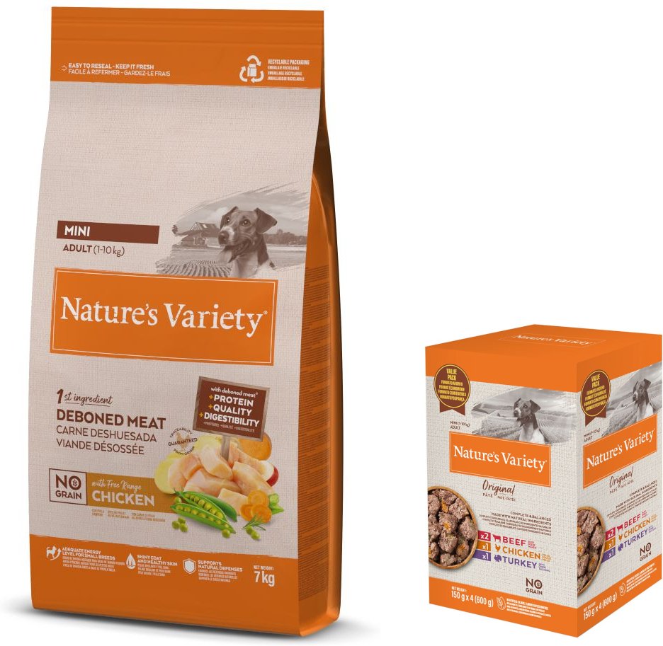 Nature's Variety Trockenfutter + Original Paté No Grain Adult Nassfutter gratis! - 7 kg No Grain Adult Mini Freilandhuhn...