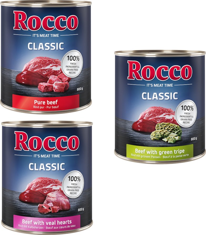 Sparpaket Rocco Classic 12 x 800 g - Rind-Mix: Rind pur, Rind/Kalbsherz, Rind/Pansen
