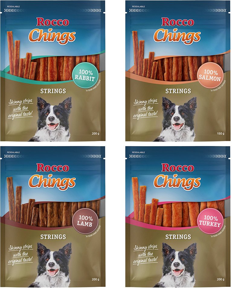 Rocco Chings Strings 150 / 200 g - Sparpaket % - Mix: 1 x Truthahn, 1 x Lamm, 1 x Kaninchen, 1x Lachs