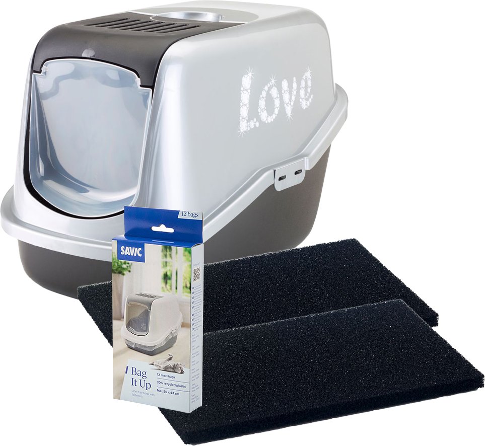 Savic Katzentoilette Nestor Impression "Love" - Starterset: Toilette "Love" + 2 extra Filter + 12 Bag it up