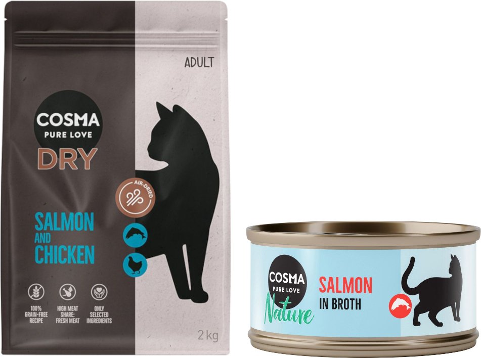 Cosma Kombi-Paket: Trockenfutter + Nature Nassfutter - 2 x 2 kg Lachs & Huhn + 24 x 70 g Lachs
