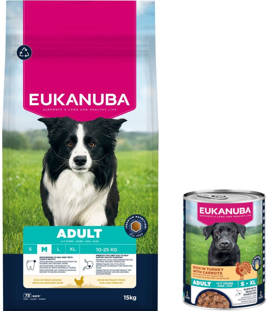 15 kg Eukanuba Premium Nutrition + 3 x 400 g passendes Nassfutter gratis! - 15 kg Adult Medium Breed Huhn + 3 x 400 g Ad...