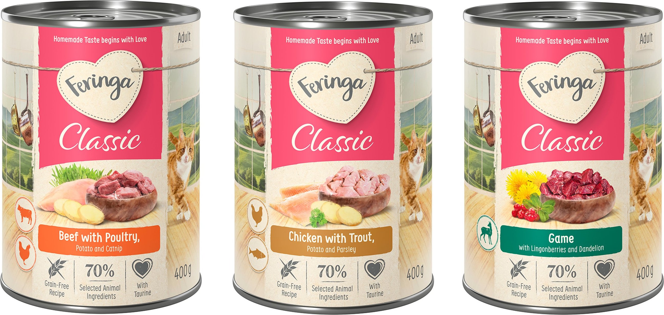 Sparpaket Feringa Classic Meat Menü 24 x 400 g Mixpaket 3 (Wild, Rind & Geflügel, Huhn & Forelle)