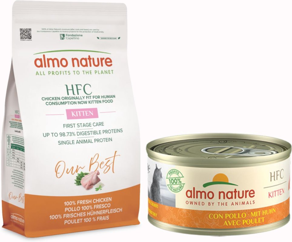 1,2 kg Almo Nature HFC + 6 x 70 g passendes Nassfutter gratis! - 1,2 kg Kitten Huhn + 6 x 70 g Natural Kitten mit Huhn